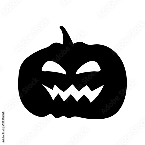 Halloween silhouette black pumpkin head, Jack O Lantern for design or decor. Funny pumpkin silhouette, isolated on white background. Vector illustration, traditional Halloween decorative element.