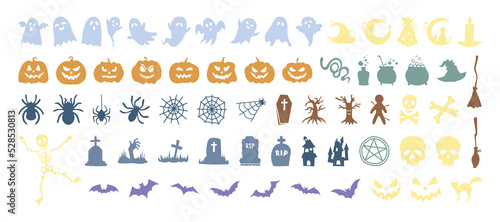 Set of Halloween silhouettes icon and character. Collection of pastel colored silhouettes of Halloween isolated on white background. Vector illustrations - pumpkins, ghosts and magic elements.