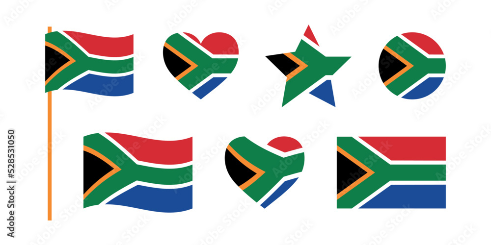 South Africa flag signs set, snar shape, heart shape decorative element. Independence Day of South Africa. National symbols of Heritage Day in South Africa. South Africa flag signs set, snar shape, heart shape decorative element. Independence Day of South Africa. National symbols of Heritage Day in South Africa.