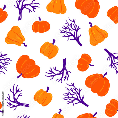 Decorative autumn pattern with cute pumpkins and branches of tree. Halloween decorative seamless pattern 