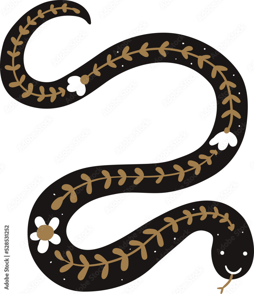 Fototapeta premium Forest snake in scandinavian folk style. Animal with floral pattern