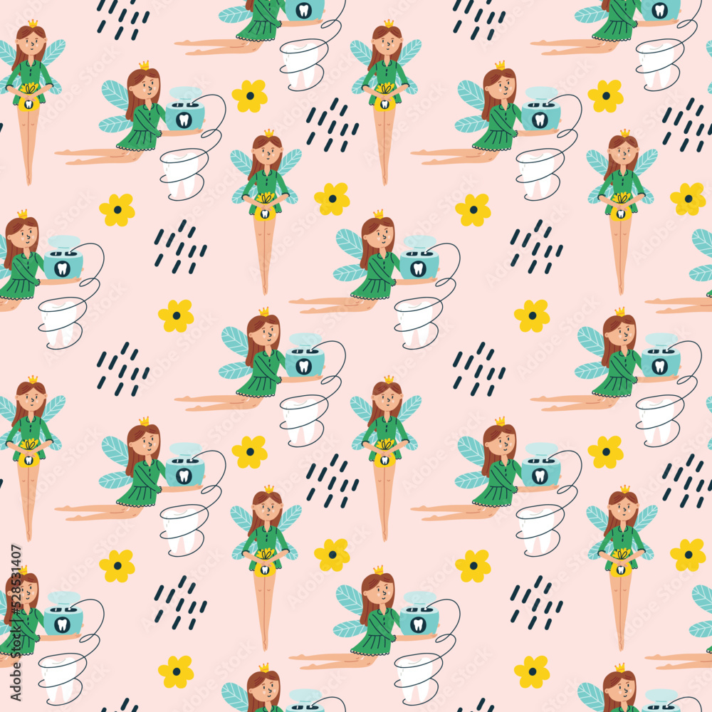 Seamless pattern character tooth fairy with dental floss. Cartoon stomatology repeat background. Dental children digital paper for wallpaper, textile, fabric design