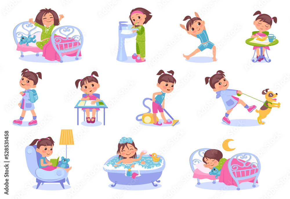 Funny girl daily routine. Everyday kids activities. Little child awakening and doing exercises. Hygiene and studying. Domestic pastime. Teen eating lunch or walking dog. Splendid vector set