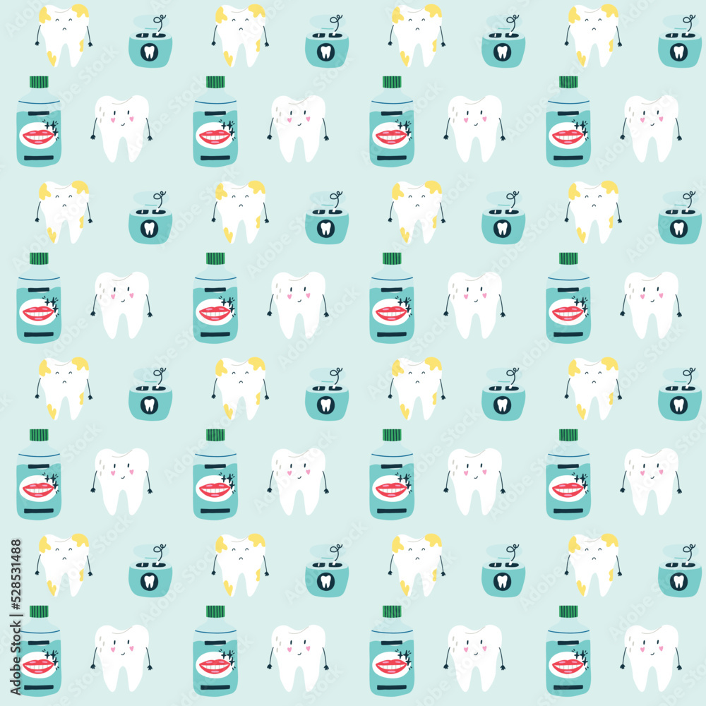 Seamless pattern tooth with cavities mouthwash floss. Cartoon