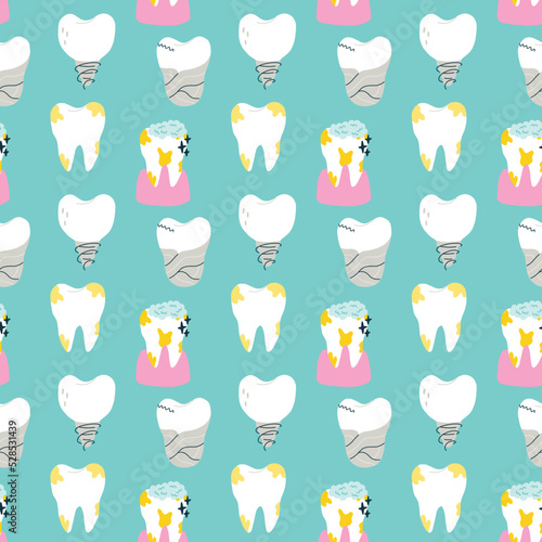 Seamless pattern filled tooth with decayed implant. Cartoon stomatology repeat background. Dental children digital paper for wallpaper, textile, fabric design