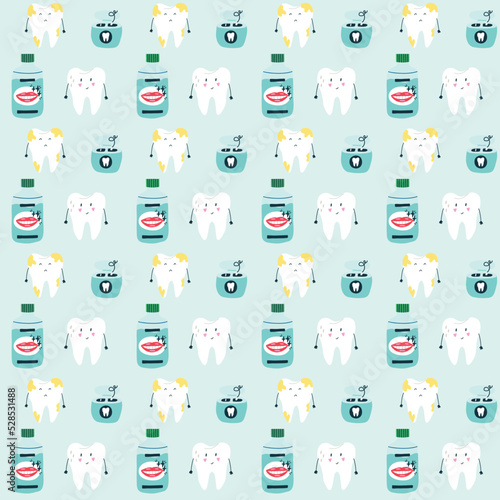 Seamless pattern tooth with cavities mouthwash floss. Cartoon stomatology repeat background. Dental children digital paper for wallpaper, textile, fabric design