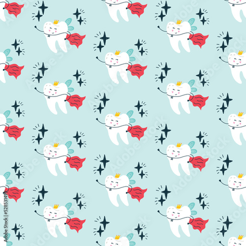 Seamless pattern white tooth character super hero with red cape. Cartoon stomatology repeat background. Dental children digital paper for wallpaper, textile, fabric design