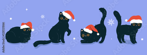 Collection of black cats in red santa hats. Vector graphics.