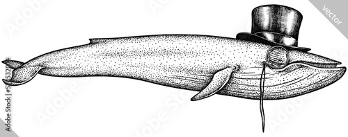 Vintage engrave isolated dressed fashion blue whale set illustration humpback costume ink sketch. Wild new hat sunglasses hipster cachalot background line glasses giant  dolphin vector art