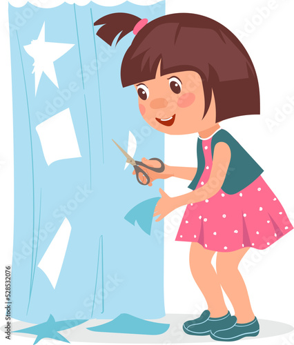 Kids destroy. Children bad behavior. Girl cutting curtain with scissors. Mischievous teenager spoiling drapery. Unattended teen. Home damages. Destructive game. Vector illustration