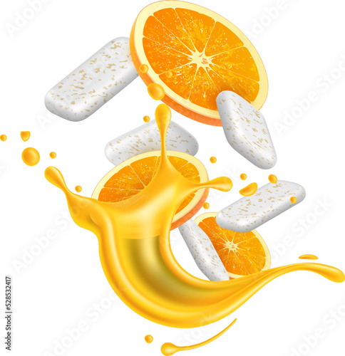 Realistic chewing gum. 3D splashes juice and water with bubblegum refreshing pads. Fresh fruit pieces. Orange slices and liquid splatters. Natural taste. Vector dental care chewy candies
