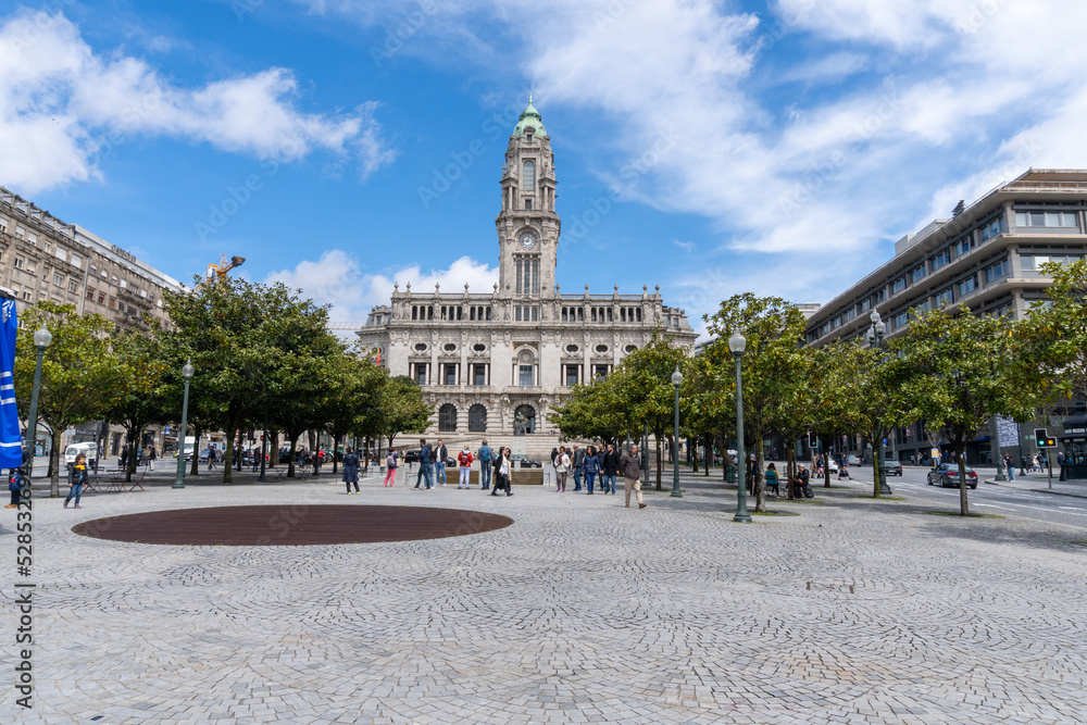 Porto city hall square, with the view of the city hall tower, on a sunny day.