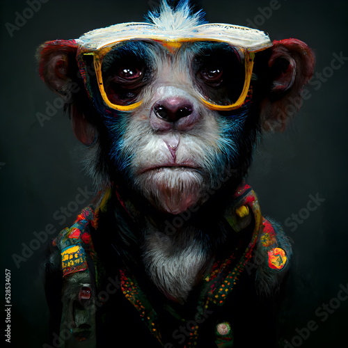 Fototapeta Stylized cool funky monkey portrait colored 3D Illustration with a colorful back