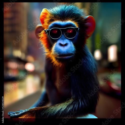 Wallpaper Mural Stylized cool funky monkey portrait colored 3D Illustration with a colorful background Torontodigital.ca