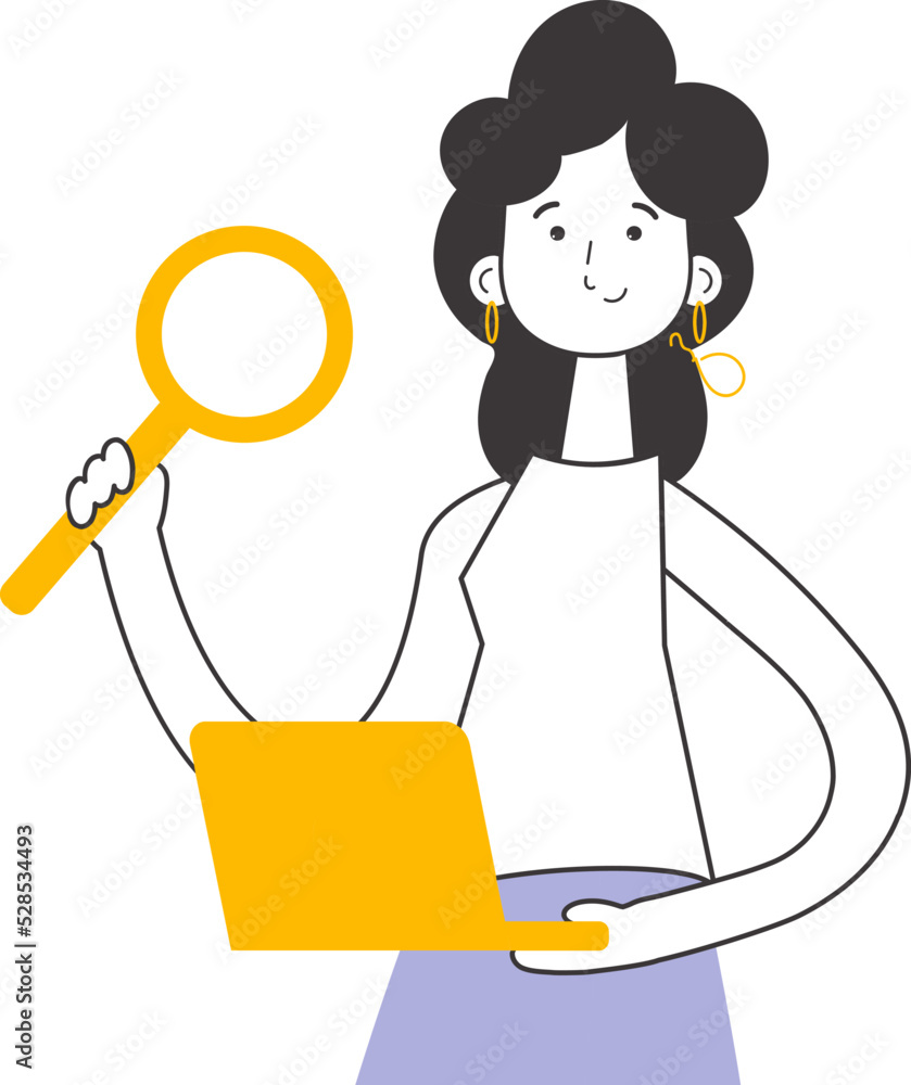A woman holds a magnifying glass and a laptop in her hands. Job Search Theme. H.R. Linear trendy style. Isolated. Vector. A woman holds a magnifying glass and a laptop in her hands. Job Search Theme. H.R. Linear trendy style. Isolated. Vector.