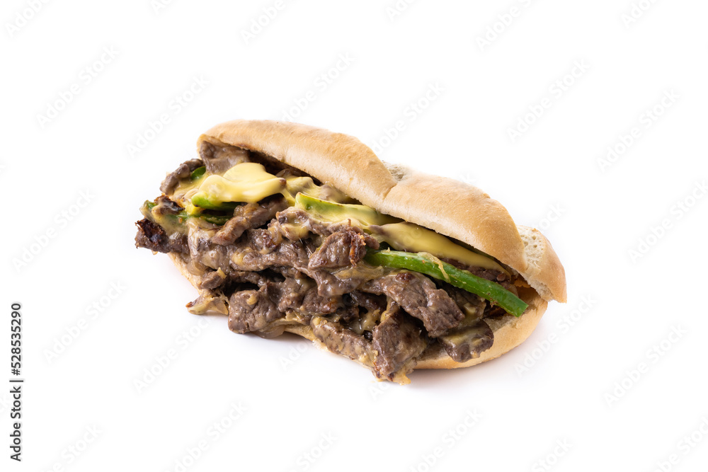 Philly cheesesteak sandwich with beef, cheese,green pepers and