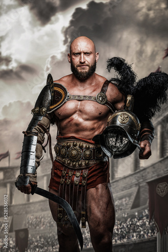 Portrait of arena fighter from ancient rome with naked torso and swords in coliseum.