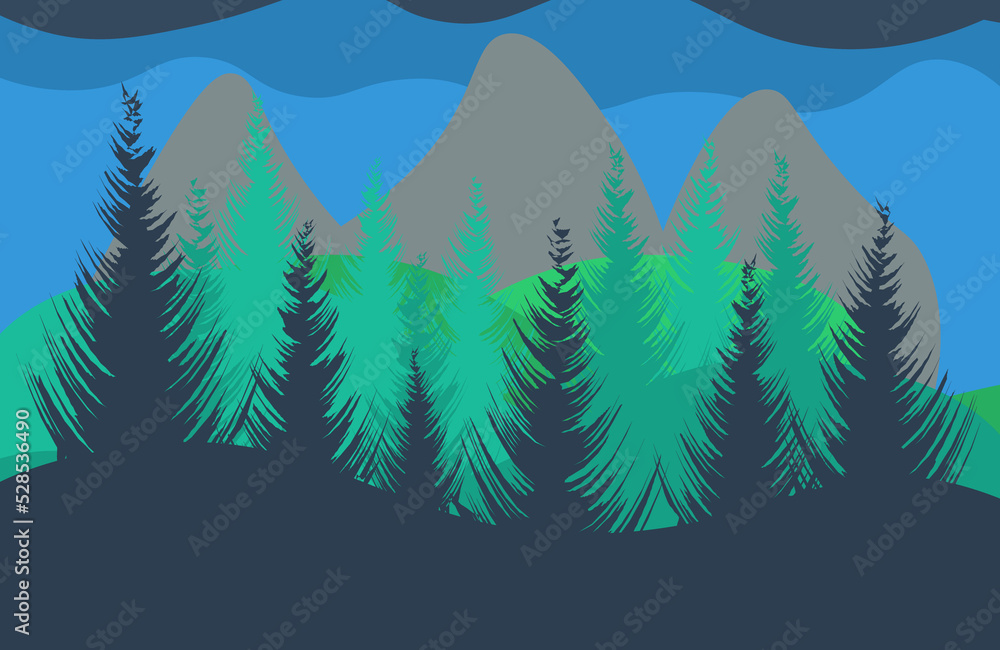 Illustration of an evening landscape. Forest. Trees. Mountains Overcast sky.
