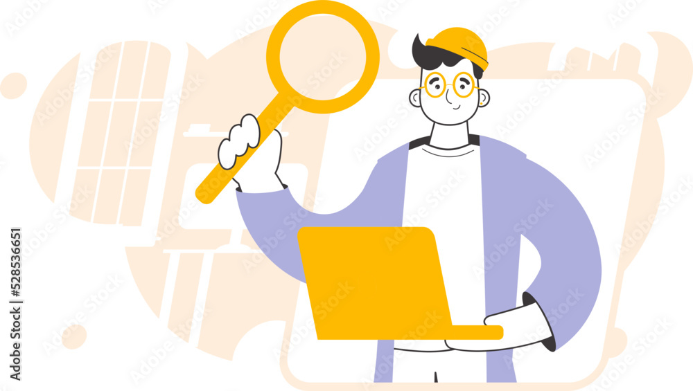 The guy holds a magnifying glass and a laptop in his hands. Job Search Theme. H.R. Linear style.