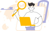A man holds a magnifying glass and a laptop in his hands. Job Search Theme. H.R. Linear trendy style.