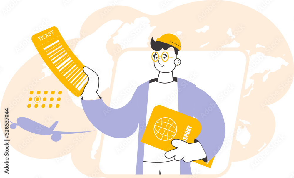 The man is holding a ticket and a passport. Travel theme. Linear modern style. The man is holding a ticket and a passport. Travel theme. Linear modern style.