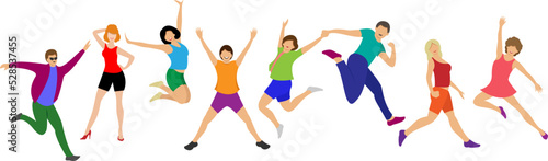 Group of young happy dancing people or male and female dancers isolated on a white background. Smiling young men and women enjoy a dance party. Colorful vector illustration in a flat cartoon style.