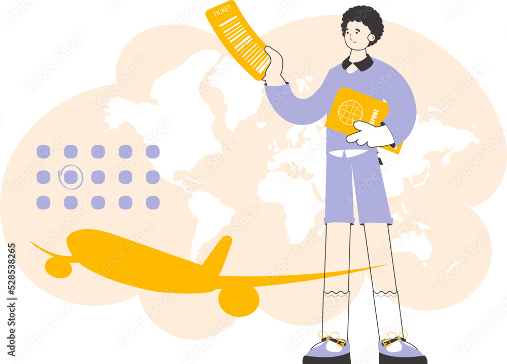 The guy is holding a ticket and a passport. Travel theme. Linear style. The guy is holding a ticket and a passport. Travel theme. Linear style.