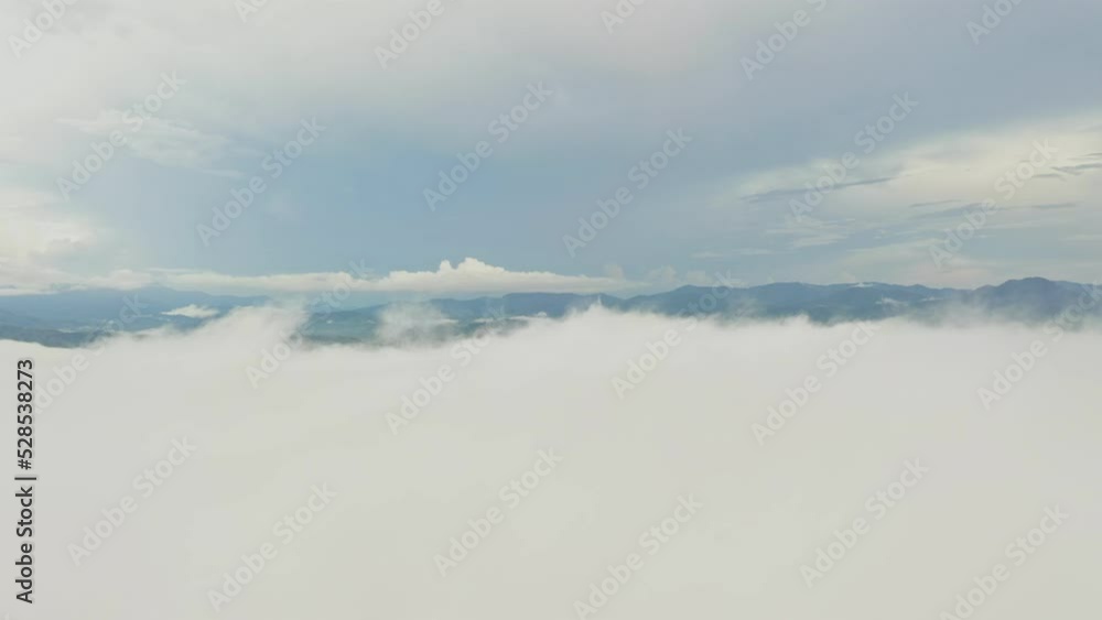 .aerial view a sea of white mist envelops the mountain peak, slowly flowing down from the mountain peak..mist above the mountain in tropical rainforest and beautiful scenery view in Phang Nga valley .aerial view a sea of white mist envelops the mountain peak, slowly flowing down from the mountain peak..mist above the mountain in tropical rainforest and beautiful scenery view in Phang Nga valley