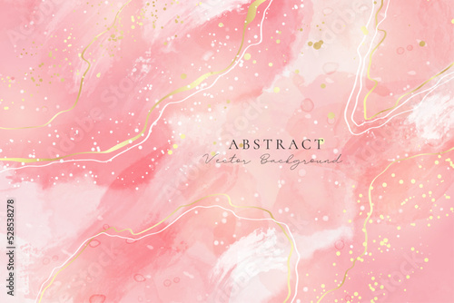 Rose pink liquid watercolor background with golden confetti. Dusty blush marble alcohol ink drawing effect. Vector illustration design template for wedding invitation, menu, rsvp