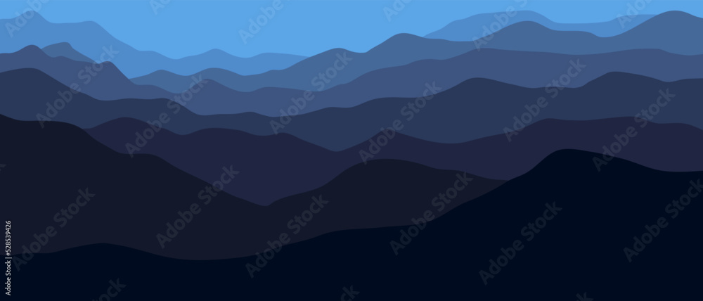 Multicolor mountains, silhouette waves, abstract blue shapes, modern background, vector design Illustration