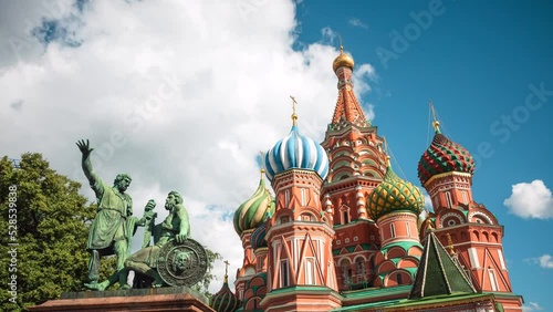 Zoom out time lapse view of architectural landmark Saint Basil's Cathedral, an Orthodox church built from 1555 to 1561 in the Red Square of Moscow, Russia.  photo