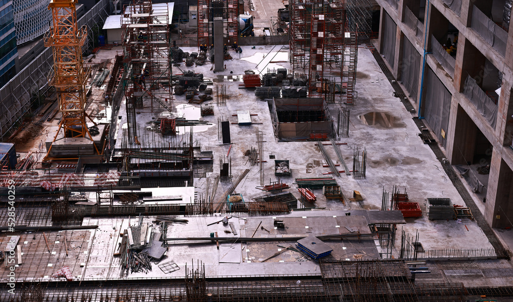 New Building Construction site line at night , top down view of construction site line