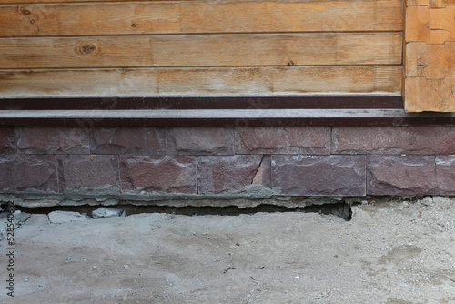Close-up of signs of problems with the foundation of a house from water.