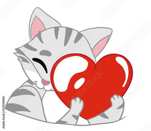 The happy American Shorthair Cat holds the big and soft  red heart acts as I love and good emotions.  Doodle with a cartoon.