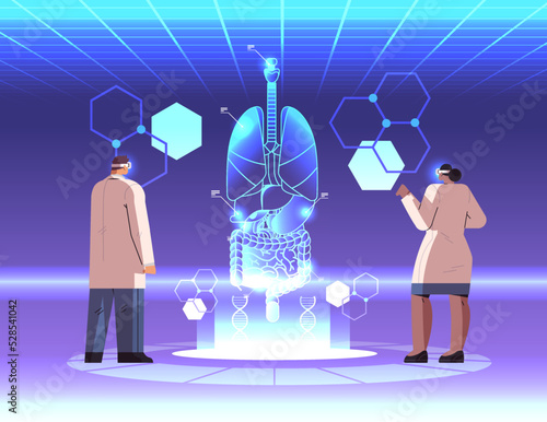 scientists looking at virtual anatomical human body internal organs structure anatomy medicine vr vision headset innovation