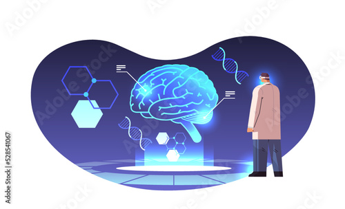 doctor in digital glasses looking at virtual detailed explanation anatomical brain internal organ vr vision metaverse