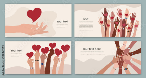 Banner with group of volunteer diversity people - editable poster template. Hand up holding a heart in their hand. Charity solidarity donation. Community. Hands in a circle.NGO. Web page photo