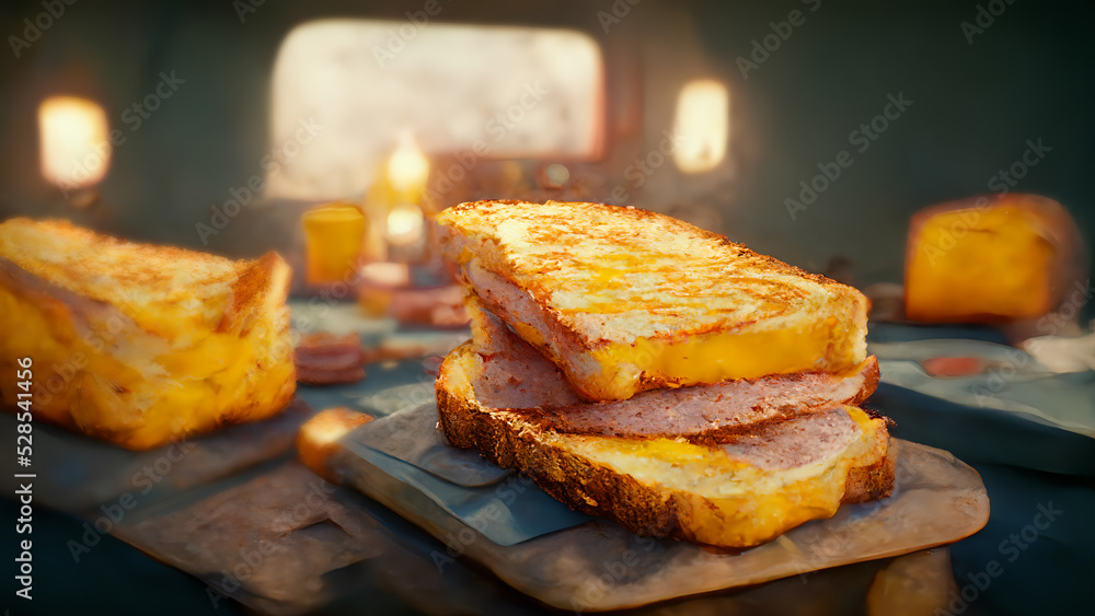 Grilled toast with smoked ham and cheese served on wooden cutting board. Grilled toast with smoked ham and cheese served on wooden cutting board.