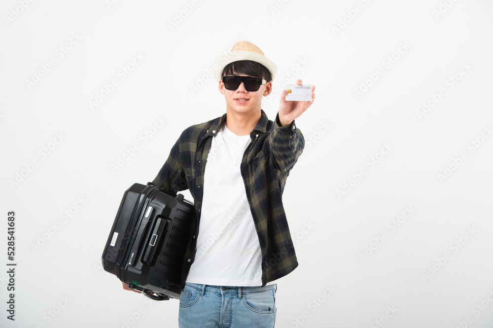 asian smiling cheerful male man hand using smartphone credit card pull luggage bag prepare to new abroad journey travel lifestyle carefree studio shot on white background asian smiling cheerful male man hand using smartphone credit card pull luggage bag prepare to new abroad journey travel lifestyle carefree studio shot on white background