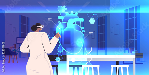 doctor in digital glasses looking at virtual detailed explanation anatomical heart internal organ vr vision metaverse concept