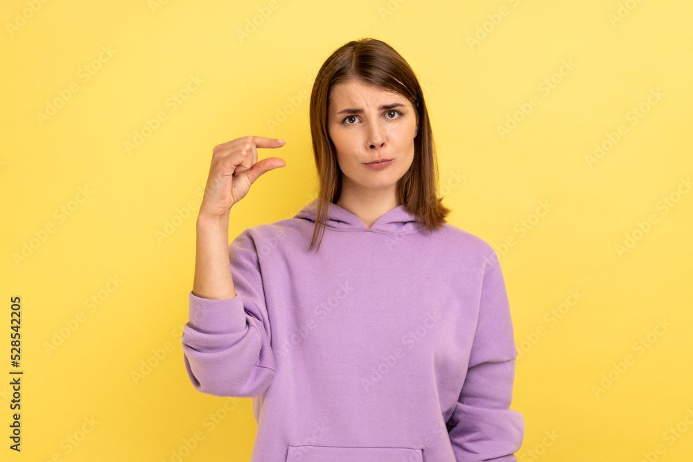 Small amount. Portrait of adorable beautiful woman showing little bit gesture with hand and looking pleadingly, wearing purple hoodie. Indoor studio shot isolated on yellow background. Small amount. Portrait of adorable beautiful woman showing little bit gesture with hand and looking pleadingly, wearing purple hoodie. Indoor studio shot isolated on yellow background.