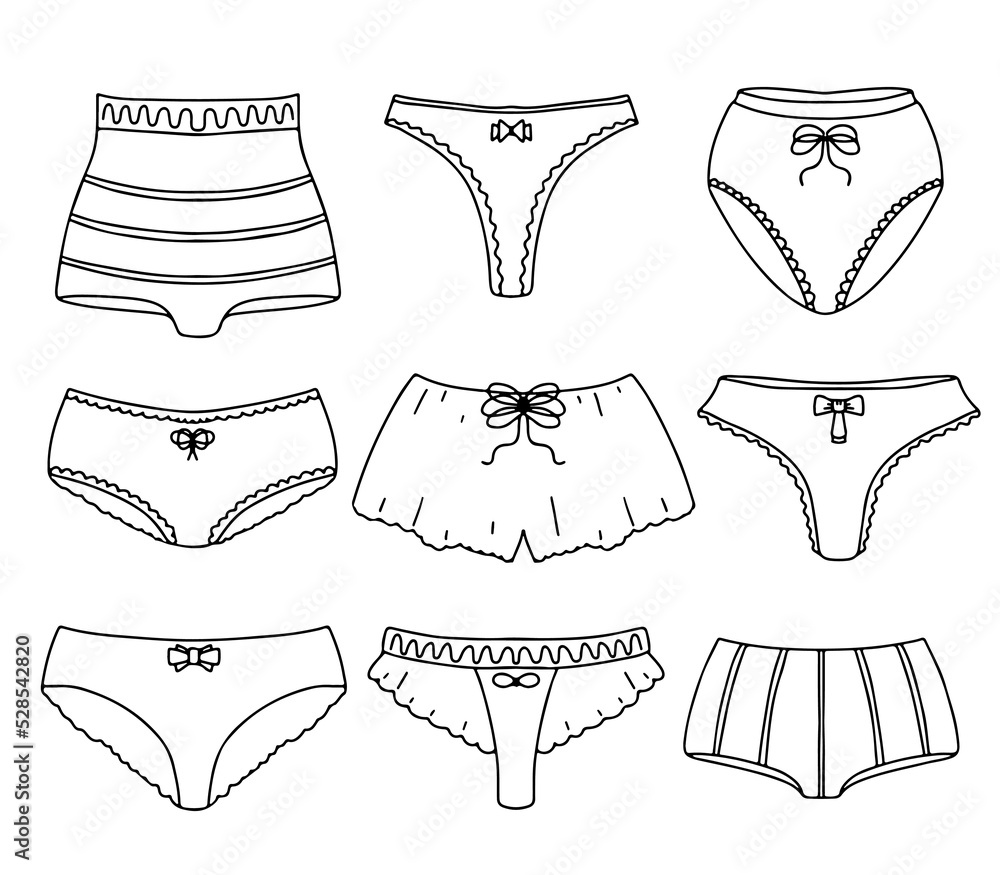 Female underwear collection in hand drawn doodle style. Female