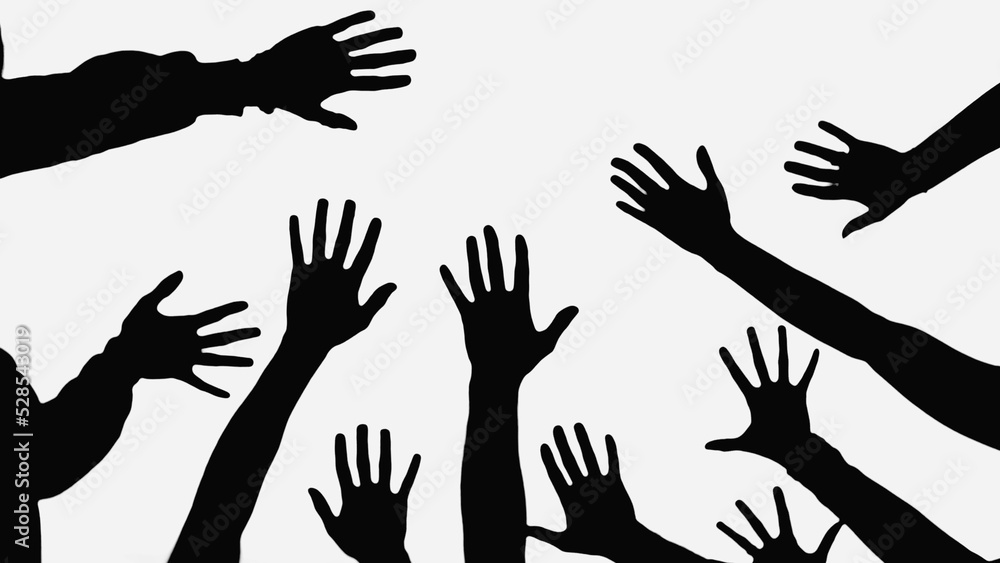 partial view of people with raised hands isolated on white.