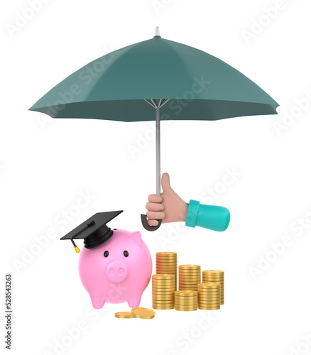 3D. Cartoon hand holding green umbrella to protect piggy bank and money. education plan concept.