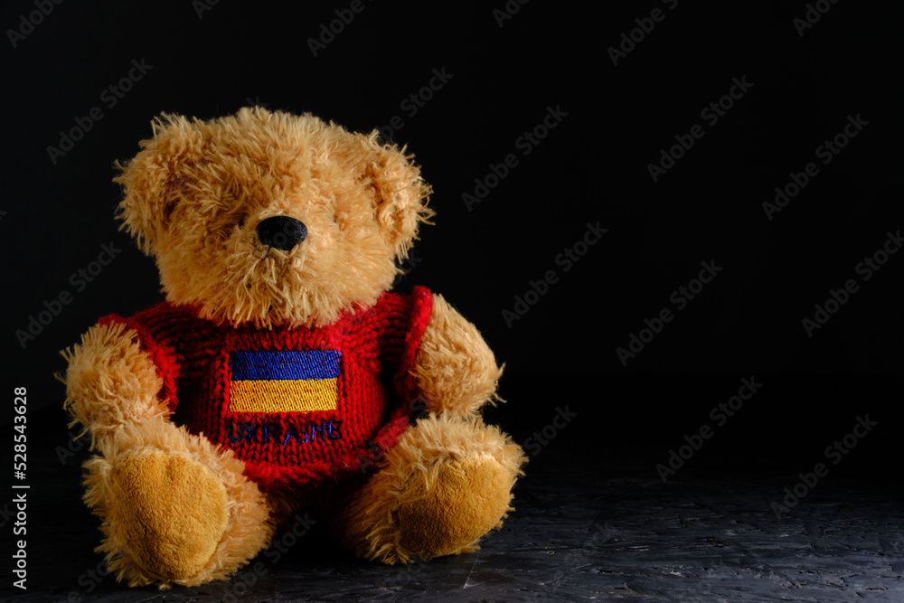 Obraz premium Soft toy on a black background, bear red jacket with flag Ukraine depicted on it.