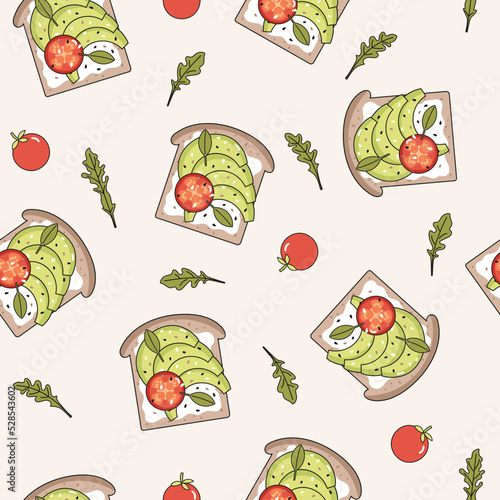 Hand drawn avocado toast seamless pattern