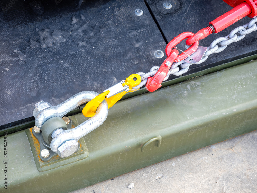 Chain for fixing on platform. Chain hook for fixing loads. Fixation