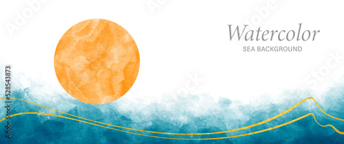 Tropical sea vector travel watercolor illustration with sun for cover design, cards, flyer, poster, banner and invitation card. Hand drawn summer watercolour backdround. Holiday. Beach.
