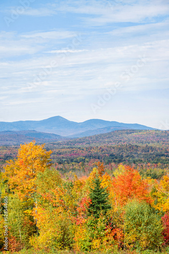 Fall in Maine with trees in the foreground showing their colors and mountains in the background
