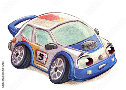 Drawing of a sports car with eyes and mouth